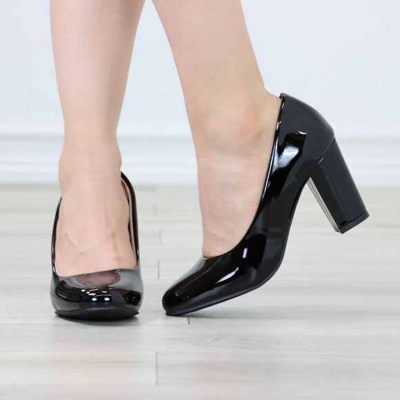 Classic Black Patent High Heel Slip On Round Toe Block Pumps - Picture 8 of 11